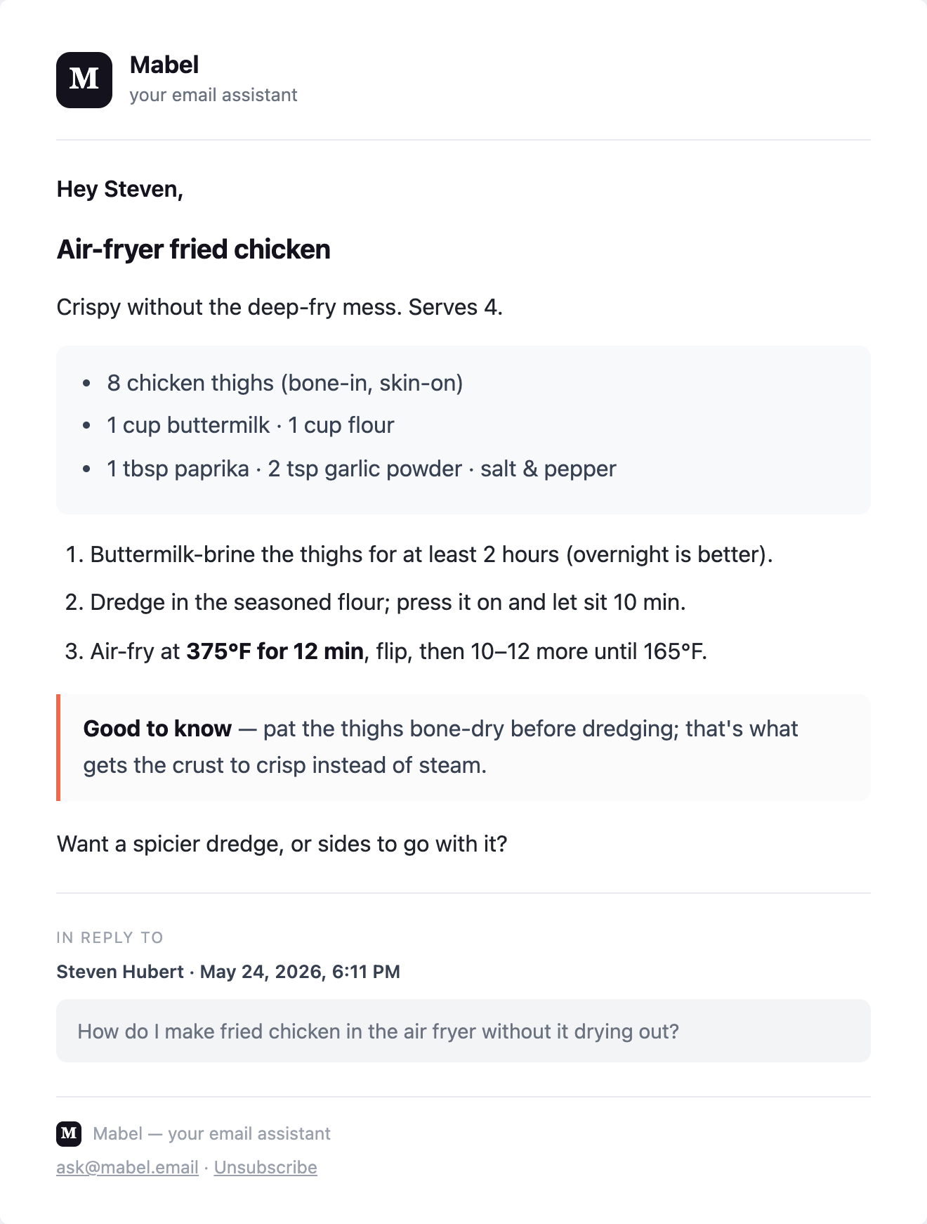 A reply from Mabel with an air-fryer fried-chicken recipe: ingredients and numbered steps.