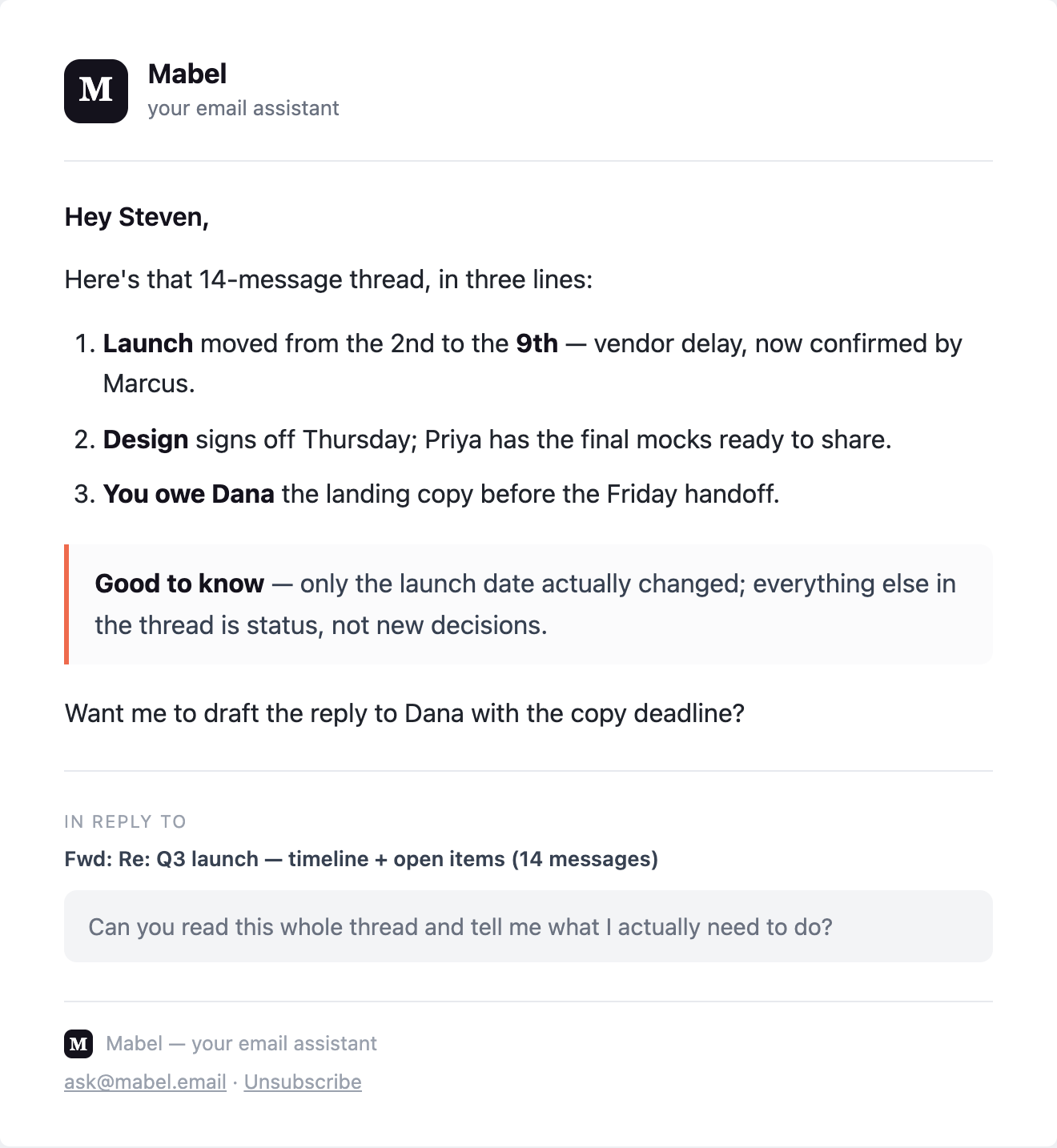 A reply from Mabel summarizing a forwarded 14-message thread in three bullets.